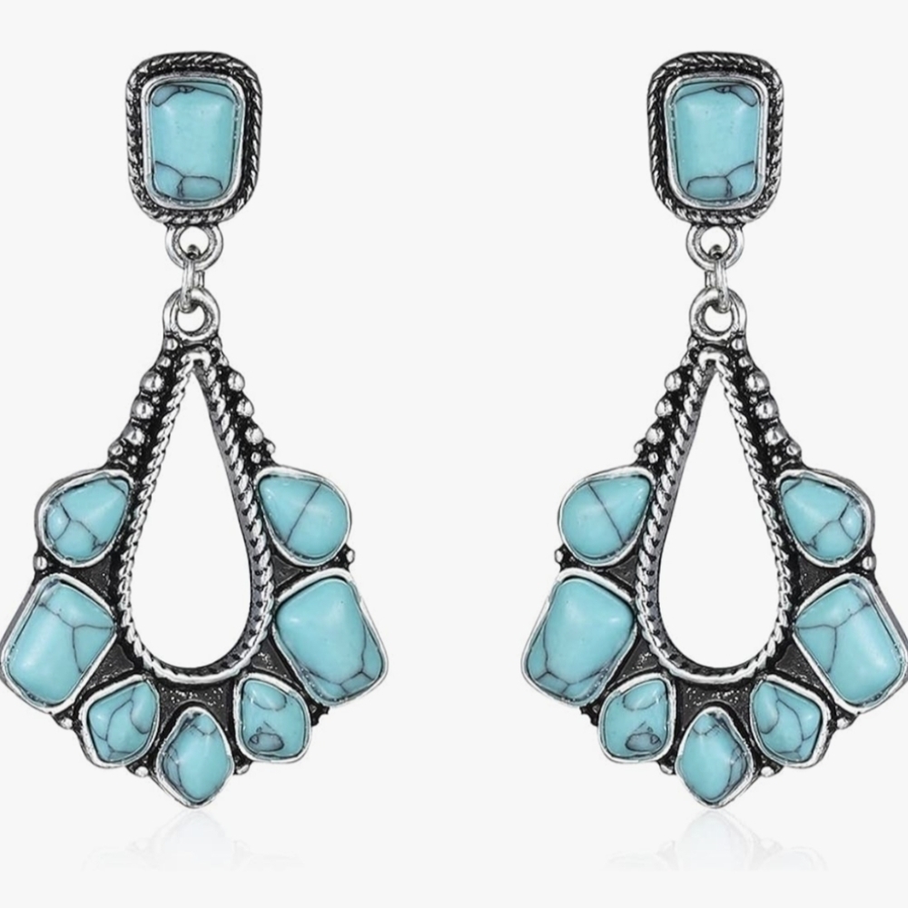 Turquoise Earrings 925 Silver Plated Western Bohemian Boho Blue Silvery Jewelry - Picture 8 of 8